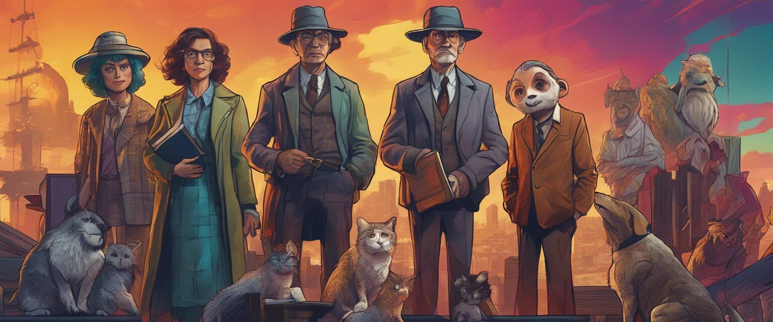 Colorful book characters from mystery stories